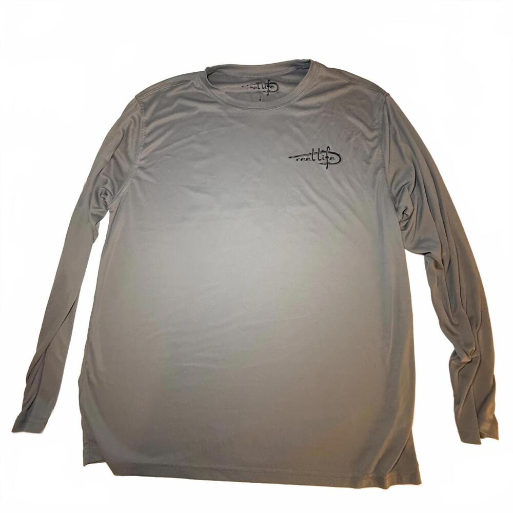 Reel Life Mens SZ L Grey Unique Raised on the Water Fishing Sun Defender Shirt